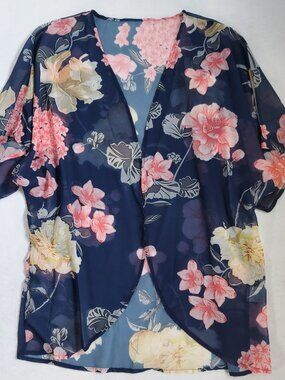 Sheer Floral Kimono Cardigan Navy Pink Lightweight Size S